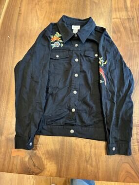 YI LIN WOMEN'S DENIM JACKET Y2K Asian EMBROIDERED BLACK LARGE